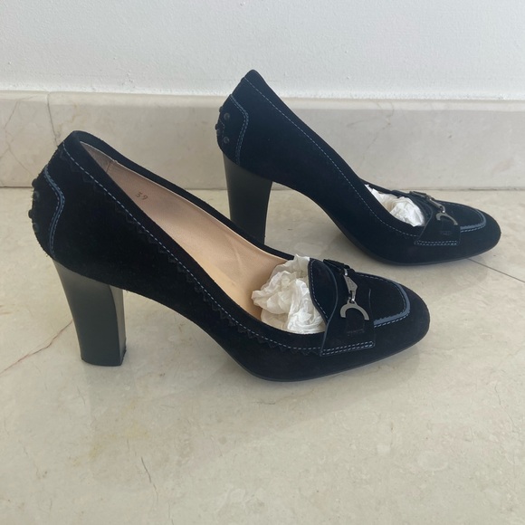 TOD’s Black Suede and Blue trim heeled Loafers in Box and Dust Bags size 39/9 - Picture 3 of 8